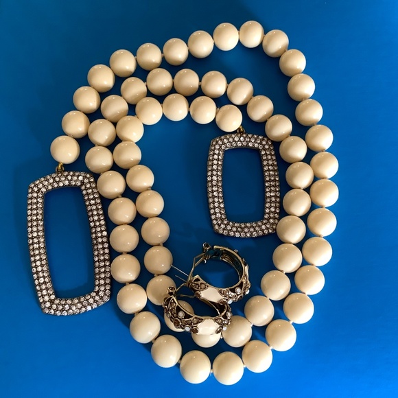 Heidi Daus Set Game Changer Pave Crystal Beaded Lariat Necklace & Earrings Ivory - Picture 5 of 16